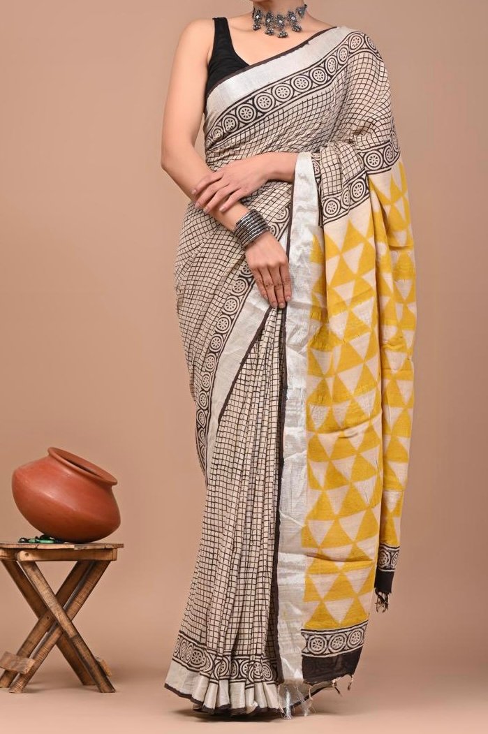 Sunset Geometry Linen Cotton Saree | BlushSarees.in | - Image 4