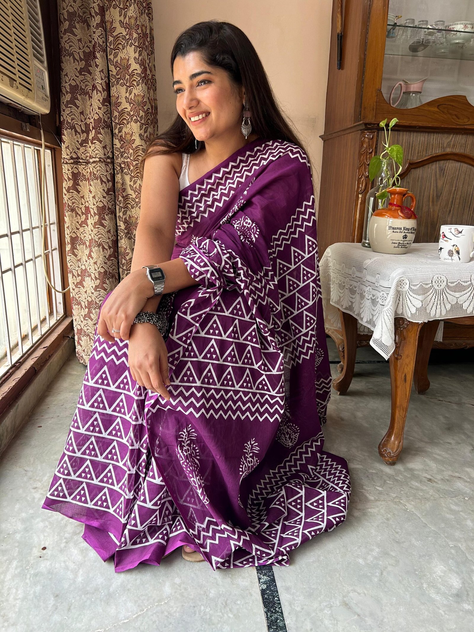 Wine Grace MulMul Cotton Saree | BlushSarees.in | - Image 4