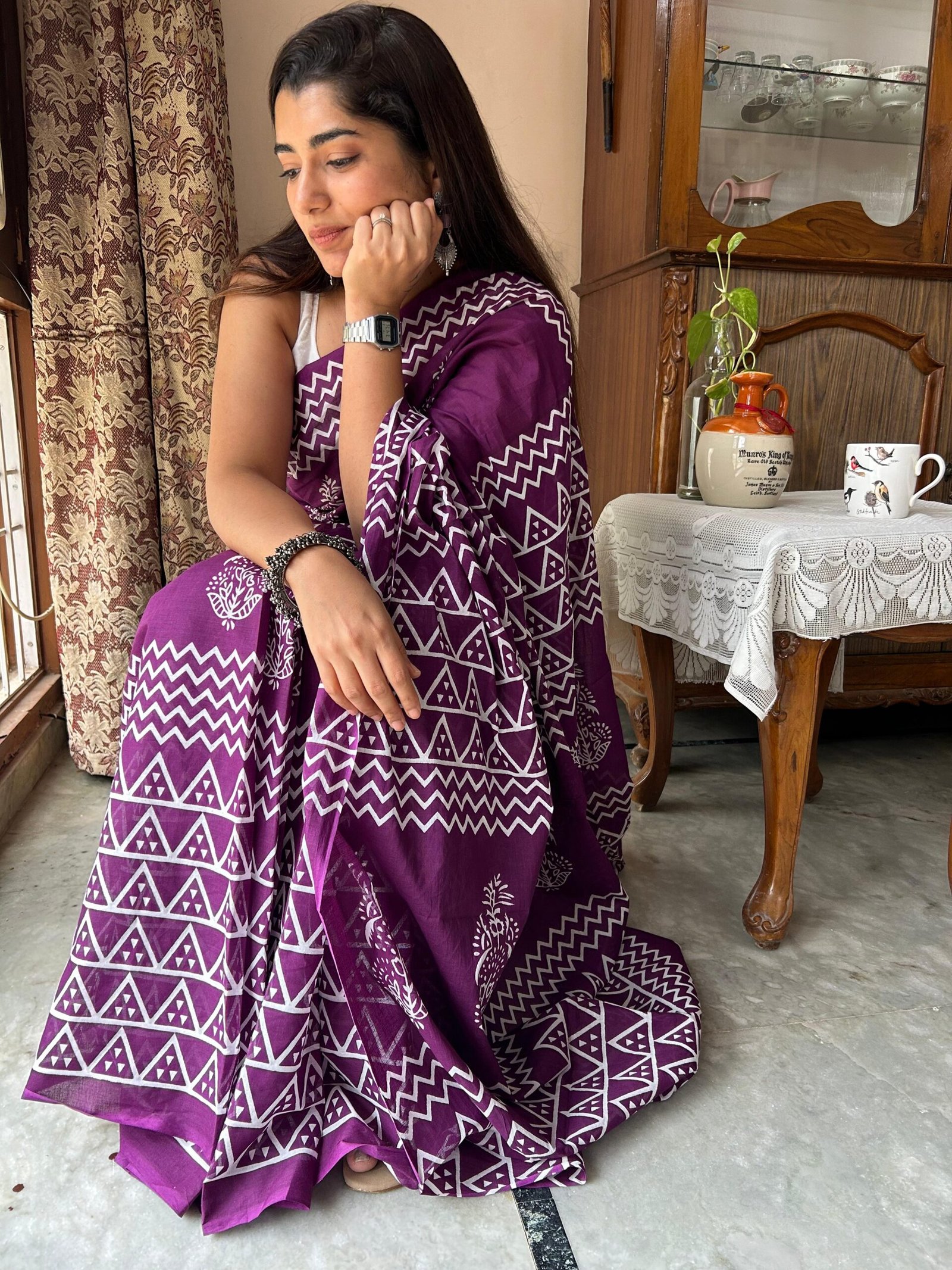 Wine Grace MulMul Cotton Saree | BlushSarees.in | - Image 3
